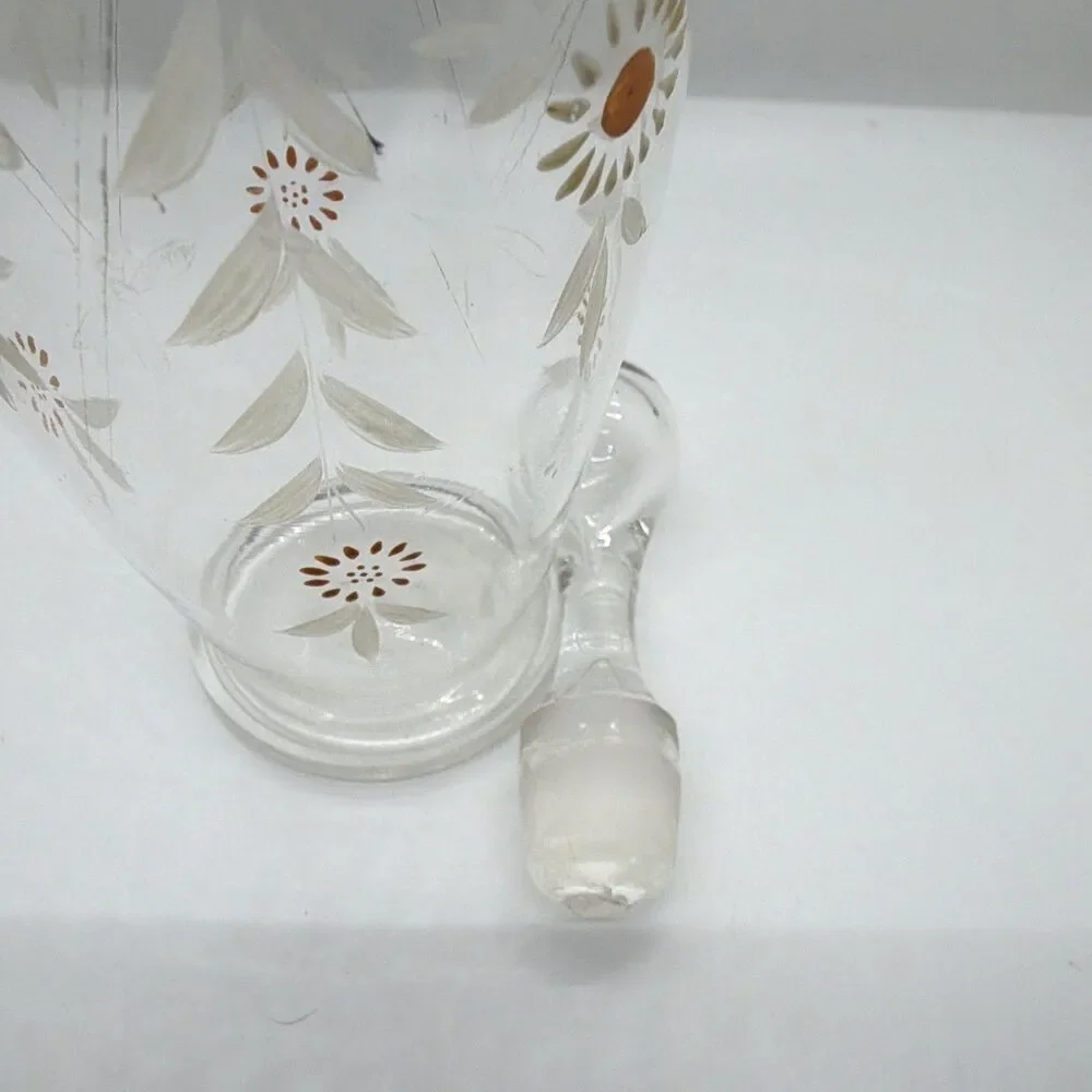 Vintage Handpainted  Floral Clear Glass Decanter Set w/ Lid/Stopper, 2pc